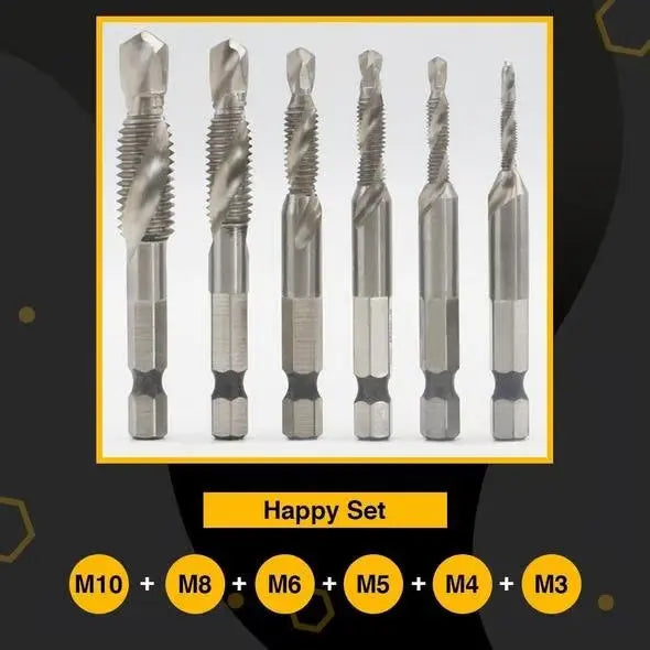 6-Piece Thread Tap Drill Bit Set – Precision Cutting for Metal & Woodworking