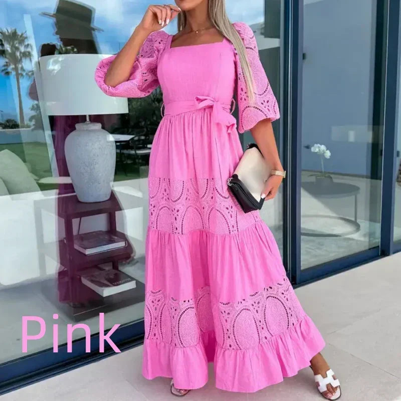 💕Women’s Trendy Patchwork Tie Waist Square Neck Long Dress